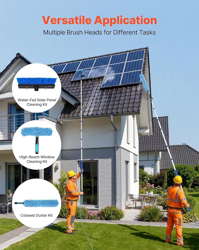 VEVOR Solar Panel Cleaning Kit, 39 ft, Water Fed Pole Kit with Cleaning Brush, Soap Dispenser, Extendable Aluminum Telescopic Pole, 180° Rotatable Brush Head, for Roof Mounted Solar Panels, Windows
