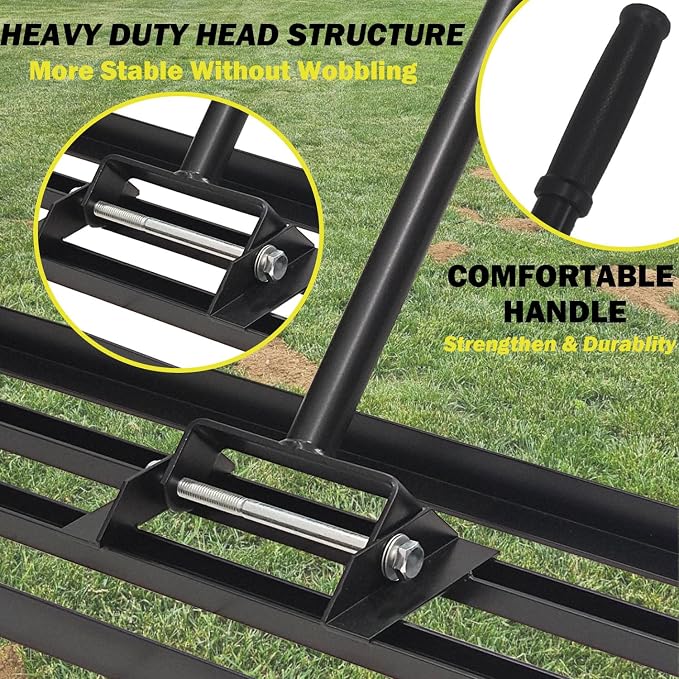 36"x10" Lawn Leveling Rake - High Carbon Steel Yard Lawn Leveler Tool with Adjustable Long Handle | Multi-Surface Levelawn Tool for Soil, Grass, Golf Course, Garden & Farm Care