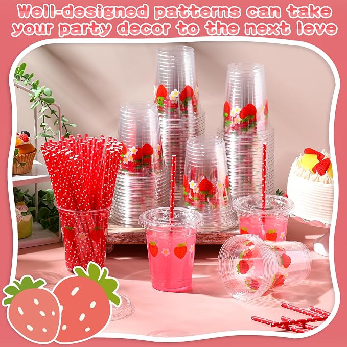 Blushtier 100 Set 12 oz Strawberry Disposable Plastic Cups with Lids and Straws Clear Strawberry Cups for Juice Water Coffee Tea Birthday Summer Fruit Party Supplies (Red)