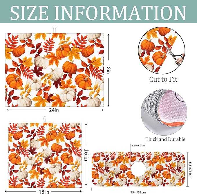 3Pcs Watercolor Pumpkin Dish Drying Mat & Kitchen Sink Splash Guard Faucet Mat For Kitchen Counter Absorbent Microfiber Dishes Pad Dish Drainer Rack Mats Fast Dry Kitchen Accessories