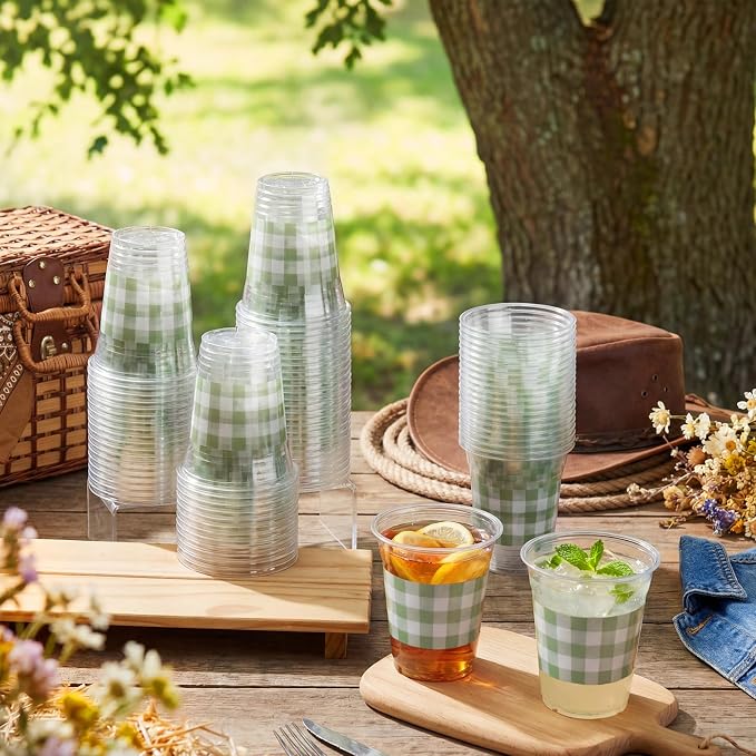 100 Pcs Sage Green Gingham Plastic Cups 12 oz Green Checkered Plaid Disposable Plastic Drinking Cups Bulk for Baby Shower Wedding Birthday Christmas Party Decoration Supplies