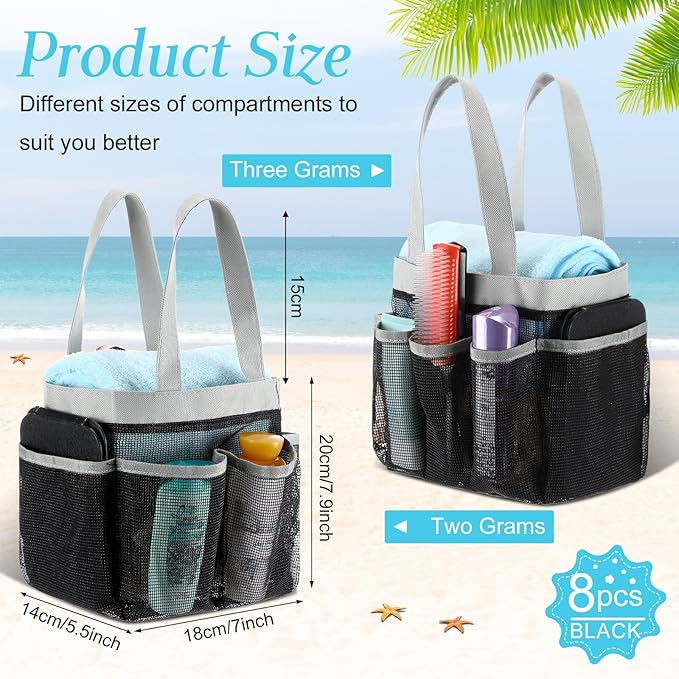 8 Packs Mesh Large Shower Caddy Portable with 8 Pockets and Handles Quick Dry Shower Bags Hanging Bath Bag Dorm Room College Essentials for Bathroom Gym Camp (Grey)