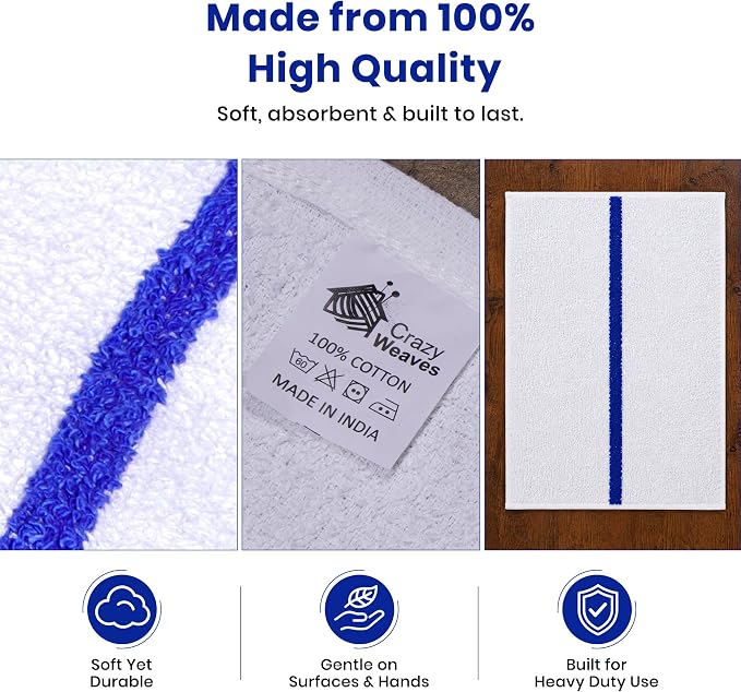 Bar Mops Pack of 24 (14" x 19") - 100% Cotton Cleaning Rags for Housekeeping - Thick, Absorbent & Reusable Bar Towels for Cleaning House & Restaurant - Kitchen Towels Bulk (Blue Stripe)