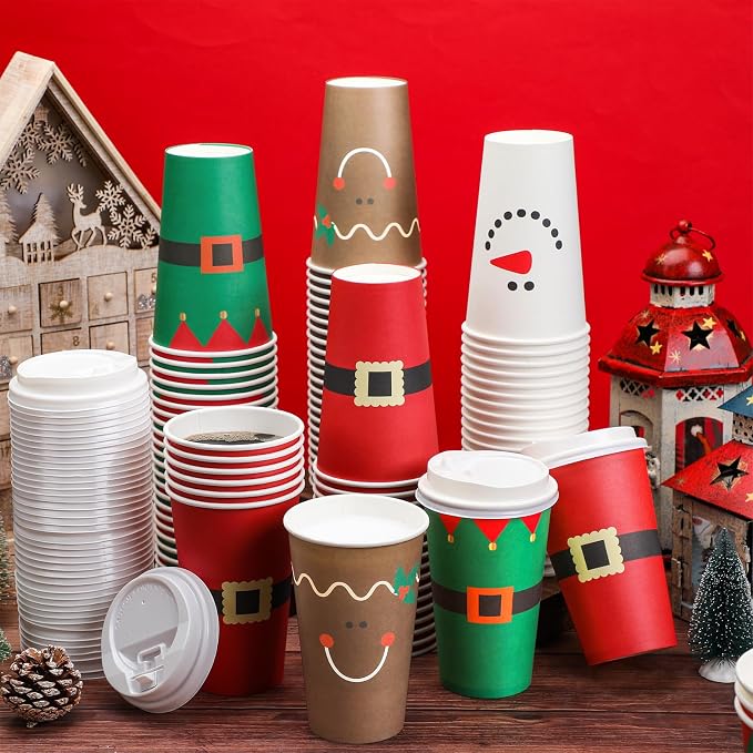 Dandat 16 oz 148 Pcs Christmas Coffee Paper Cups with Lids Disposable Christmas Paper Cups for Hot Cocoa Tea Beverage Holiday Xmas Party Supplies
