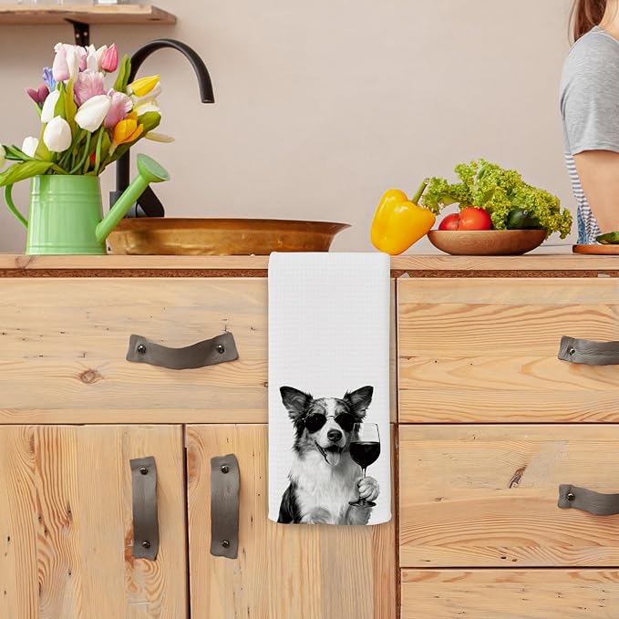 Funny Australian Shepherd Wine Kitchen Towels, Gifts for Dog Wine Lovers, Bar Accessories Dish Tea Towels for Kitchen, Dog Owners Housewarming Gift Decorative Hand Towel 16x24 Inch