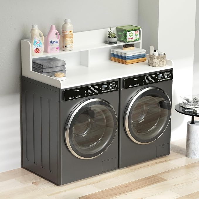 Washer Dryer Countertop with Non-Slip Pads, 2.75" H Guard, 54" W x 27.5" D Wood Laundry Countertop Cover, Large Space Washer Dryer Topper for Laundry Room Organization(White)