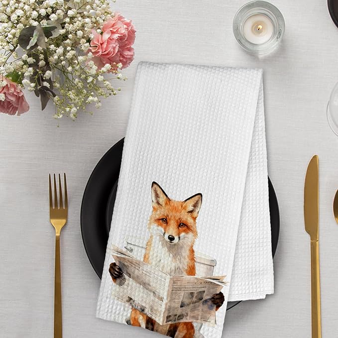 Funny Fox Hand Towels for Bathroom Washroom, Fox Lovers Gifts Themed Decorative Hand Towels Set of 2, Rustic Wild Animals Foxes Dish Tea Towels for Kitchen Farmhouse Decor, 16x24