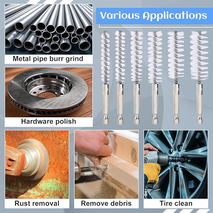 60 Pcs Bore Brush for Drill, Stainless Steel White Wire Cleaning Brushes Bulk with 1/4" Hex Shank Copper Pipe Cleaner Drill Attachment for Rust Engine Tube(8/10/12/15/17/19mm)