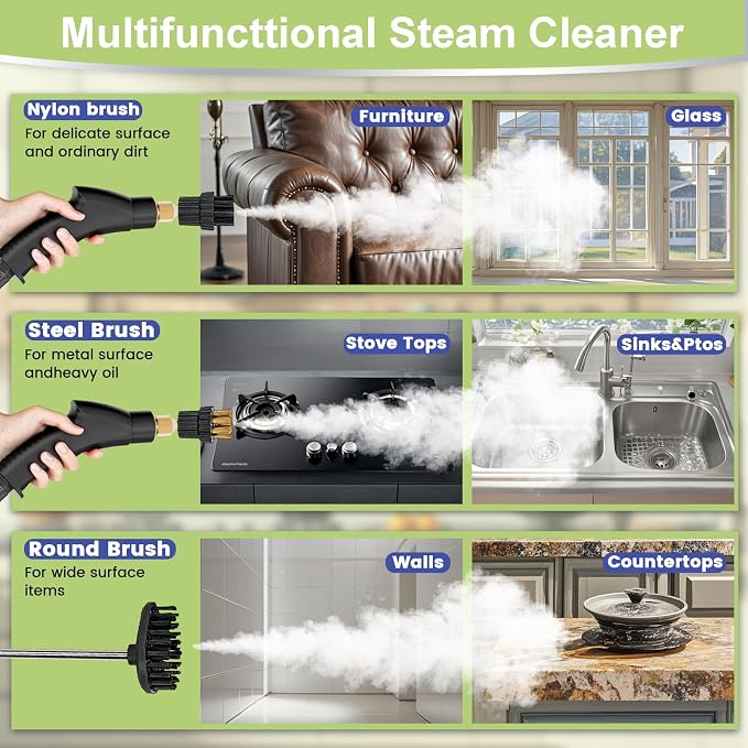 Steam Cleaner, 15s Heat-Up,1.4L Tank,Steamer for Cleaning with 14-Piece Accessories, 3 Steam Levels, chemical-free Cleaning Tile, Grout, Dirt, Grease & Car (white＆green)