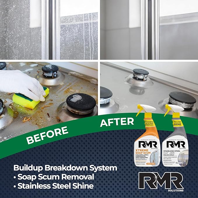 RMR Buildup Breakdown Bundle – Xtreme Soap Scum Remover + Stainless Steel Cleaner Polish, 2-Step Bathroom & Kitchen Cleaning Kit for Shower, Tub, Tile, Glass & Stainless Appliances, 2–32 Oz Bottles