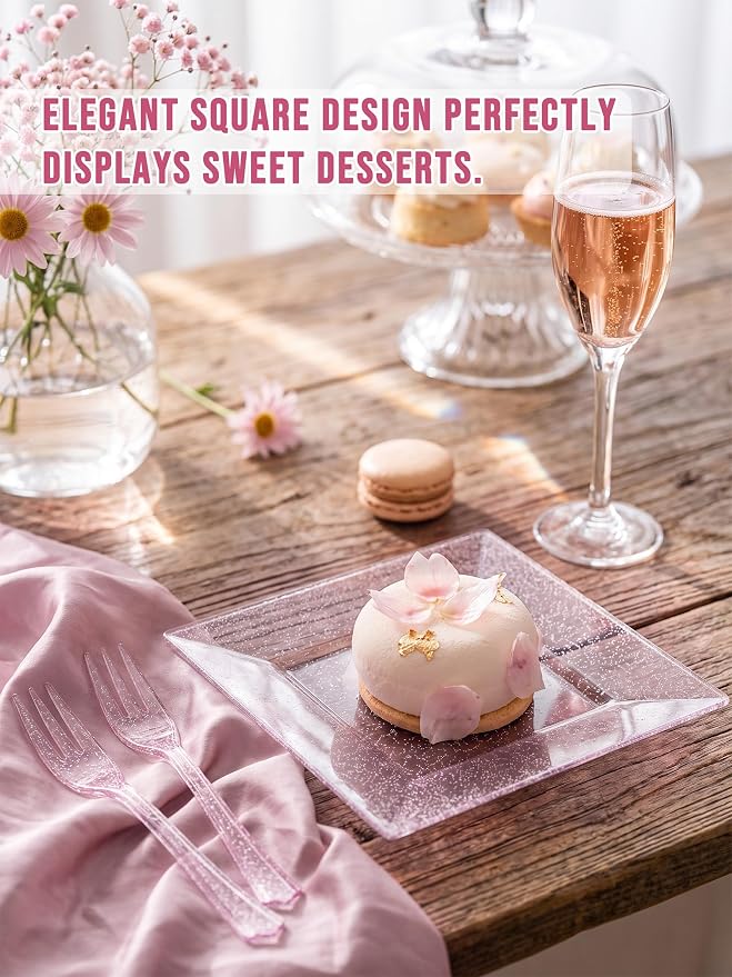 DaYammi 200 Pcs Pink Dessert Plates Including 100Pcs Appetizer plates 6'',100Pcs Plastic Forks 5.7'',Rose Glitter Plastic Square Plate for Wedding,Pink Cake plates and forks for Party Bridal Shower