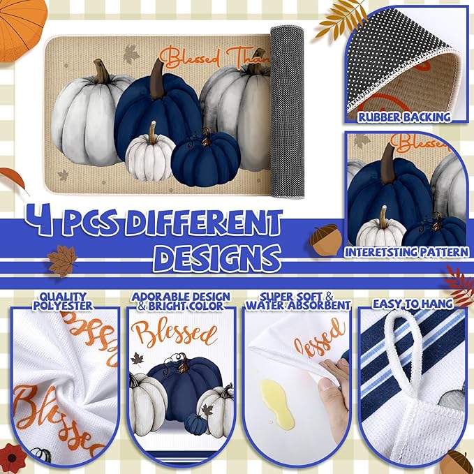 Fanfanwin 10 Pcs Thanksgiving Pumpkin Kitchen Decor Set Kitchen Towels Pot Holders Oven Mitts and Rugs Set Thanksgiving Decor for Baking Cooking Home Gift