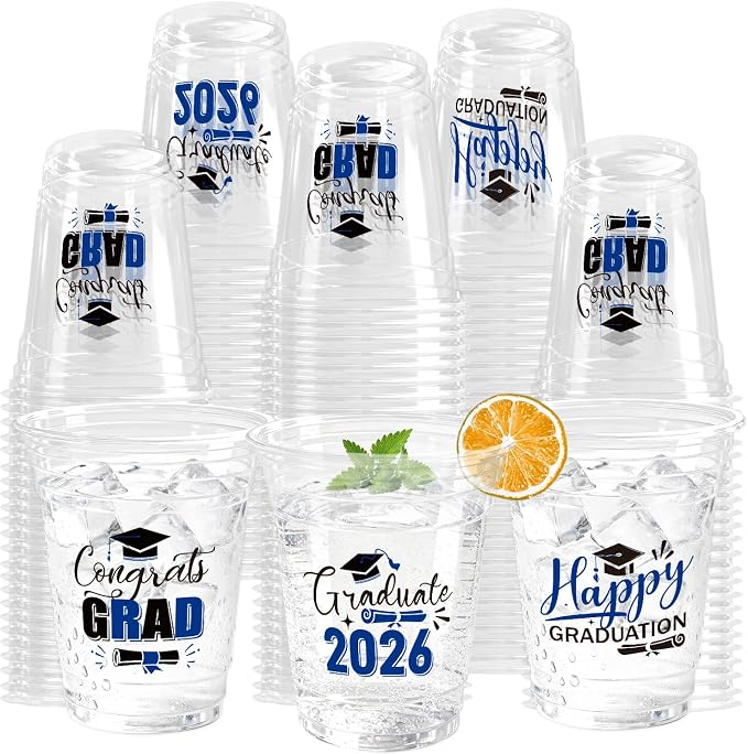 100 Pack Graduation Plastic Cups 12 oz Blue Disposable Class of 2026 Decorations Graduation Party Favor Drinking Beverage Cup for Party Supplies Decorations