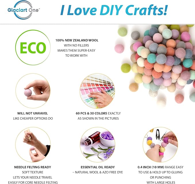 Glaciart One Felt Pom Poms, Wool Felt Balls (60 Pieces) 1 cm – 0.4 Inch, Handmade Felted 30 Pastel Colors (Green, Pink, Blue, Yellow and More) Bulk Small Puff for Felting and Garland
