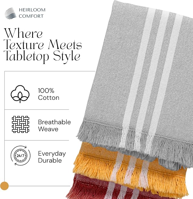Multicolor Stripe Kitchen Towels 12 Pack, 16x26 Inch, 100% Cotton, Super Absorbent & Quick Dry, Durable, Fringed Dish Towel, Washable, Everyday Use, Light Grey, Mustard Yellow, Rust