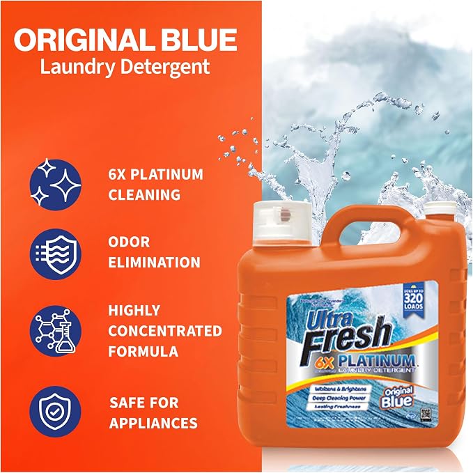 Ultra Fresh 2 x 2.5 Gallon Liquid Laundry Detergent Washing Soap for All Machine Types, 6X Platinum, Up to 640 Loads, Original Blue