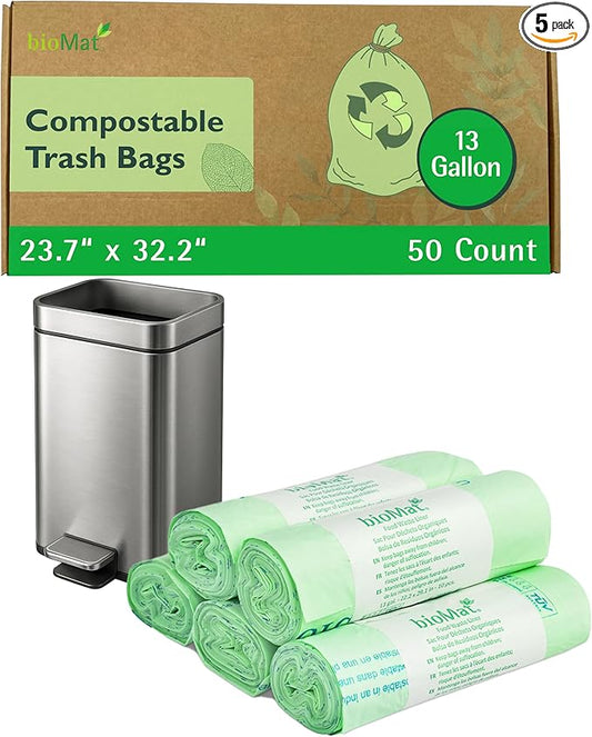 bioMat Compostable Trash Bags 13 Gallon, 50 Count, Tall flat top Kitchen Food Scrap Bin Liners, BPI, CMA and OK Compost HOME certified, Meets the ASTM D6400 Standard