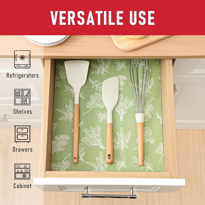 Cooyes Shelf Liner for Refrigerator & Drawer, Non-Adhesive Cabinets Liner for Kitchen Cupboard & Fridge, Breathable Cloth Material, Vegetable-Patterned, 12" x 360", Sage Green