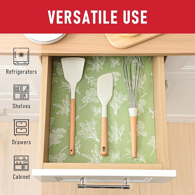 Cooyes Large Fridge Liners for Refrigerator, 17.7" × 360", Drawer & Shelf Liners for Kitchen Cabinets Non-Adhesive, Breathable Cloth Material, Non-Slip, Keep Produce Fresh Longer, Sage Green