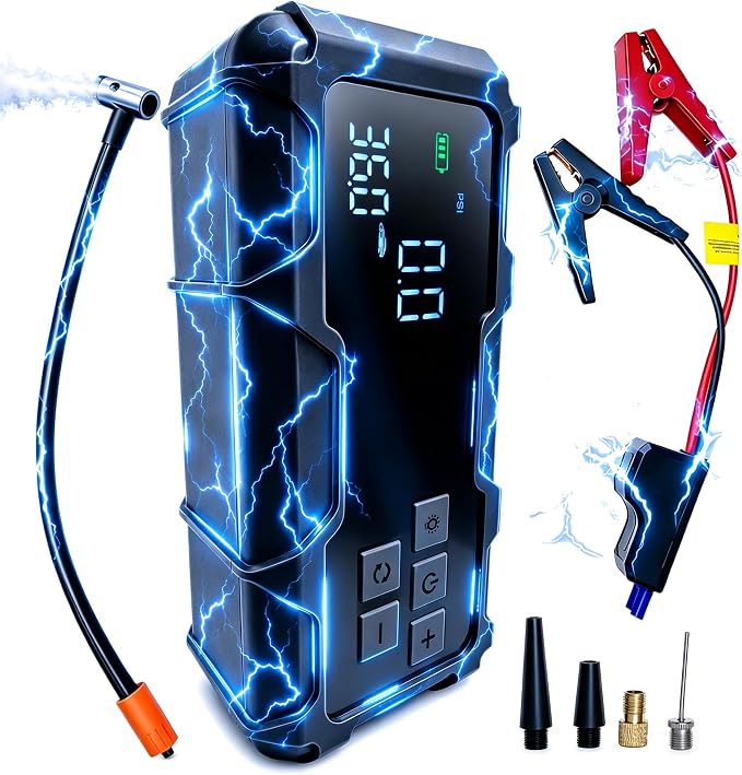 9000A Jump Starter with Air Compressor 10-1 Portable Tire Inflator German Fast-Charging Power Bank Car Diesel Battery Booster for Car Owners Camping, Road Trips, Family Safety & Gift