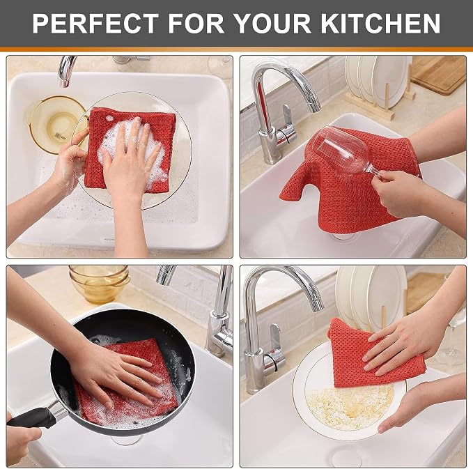 Kitinjoy 100% Cotton Kitchen Dish Cloths (12 X 12 Inches, Brick Red), 8 Pack Waffle Weave Ultra Soft Absorbent Dish Towels for Drying Dishes Quick Drying Kitchen Towels Dish Rags