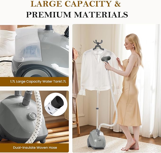 1500W Standing Garment Steamer - 45s Fast Heat-Up, 55 Min Steam Time, 1.7L Tank, with Wheels (Gray)
