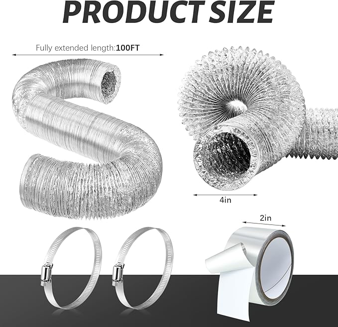 Zonon Dryer Vent Hose 4 Inch X 100 Feet Flexible Aluminum Foil Ducting Non Insulated with Stainless Steel Clamps and Aluminum Tape for Pipe, HVAC Heating Cooling Ventilation and Exhaust(Silver)