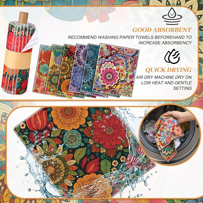 Redbaker 18 Pcs Reusable Paper Towels Rolls Towels Bulk Kitchen Washable Paperless Cloth Cotton Hand Napkins with Cardboard Reusable Napkins for Kitchen Bathroom (Boho Floral Style)