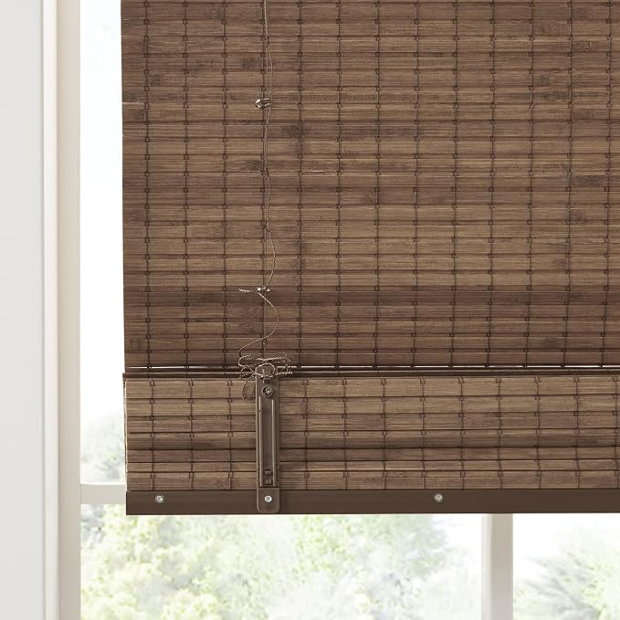 Madison Park Eastfield 100% Bamboo Cordless Roman Shades-Woven Wooden Privacy Panel, Light Filtering Easy Installation Window Blind Treatment, Bedroom, Living Room Decor, 29" W x 64" L, Teak