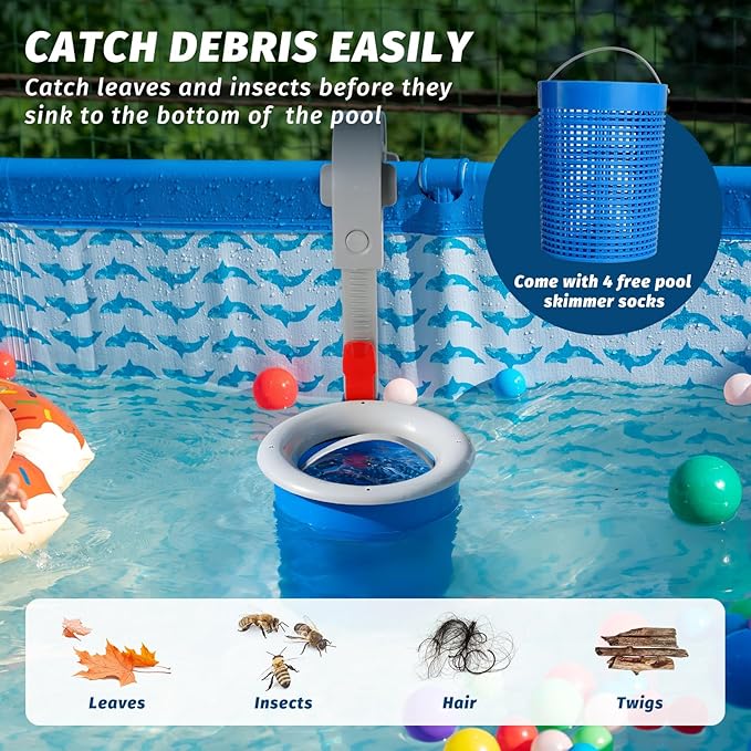 Above Ground Pool Skimmer with 4 Skimmer Socks, Floating Surface Skimmer, Wall Mount Pool Surface Skimmer with Hose and Basket, Attaches to Inflatable Collars, Tubular and Metal Frames (Blue)
