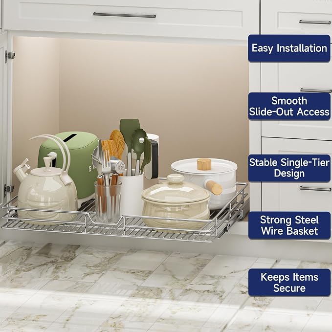 Pull Out Cabinet Organizer, 27" W x 21.5" D, Heavy Duty Chrome Slide Out Shelf for Wide Base Cabinets, Sliding Wire Basket Drawer for Pots, Pans, Appliances & Pantry Storage