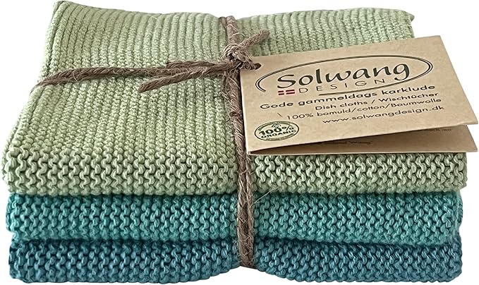 Solwang 3-Piece Danish Cotton Dishcloths in 100% Certified Organic Cotton Made in India (Seafoam Organic Combi)