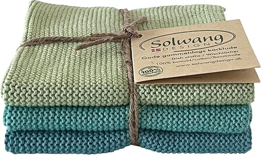 Solwang 3-Piece Danish Cotton Dishcloths in 100% Certified Organic Cotton Made in India (Seafoam Organic Combi)