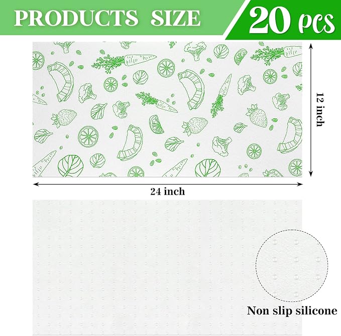 Hanaive 20 Pack Refrigerator Liners for Shelves Absorbent Non Slip Fridge Liners with Veggie and Fruits Print for Glass Shelves Kitchen Cabinets Drawers, 12 x 24 Inch(Fresh)
