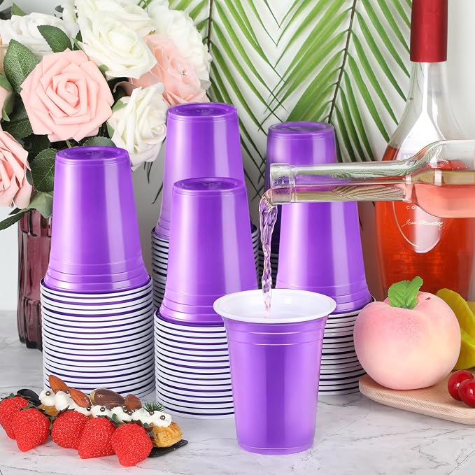 Sabary 100 Pack 12oz Plastic Cups Purple Graduation Heavy Duty Drinking Disposable Cups with Lines for Beverage Wedding Holiday Camping Barbecues Birthday Party Summer Outdoor Picnic