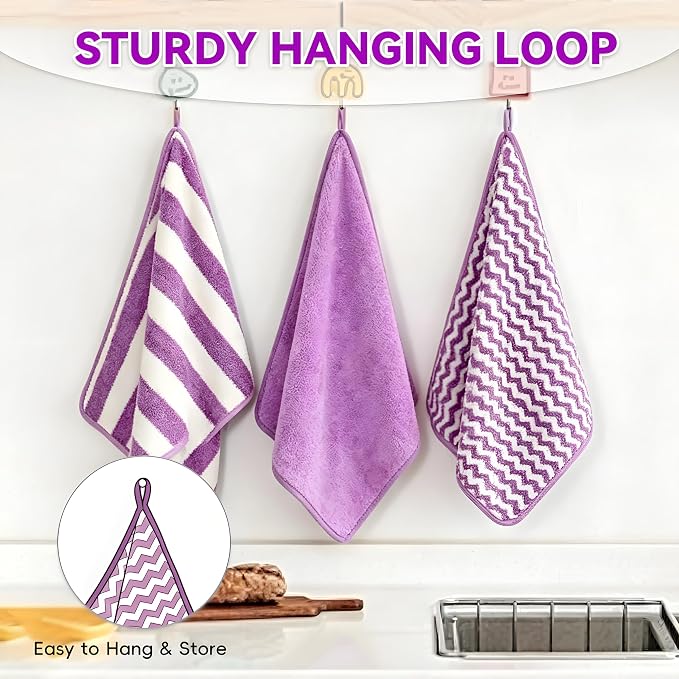 Microfiber Cleaning Cloth 6 Pack, Ultra Soft Super Absorbent Lint Free Dish Towels with Hanging Loop, 13.5x29 Inch Purple Reusable Kitchen Towels for Kitchen, Window, Car, Household