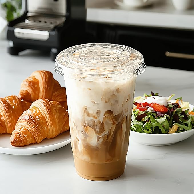 TashiBox plastic cups with lids [24 oz 100cups&100flat lids],Clear Crystal disposable plastic cups,smoothie cups