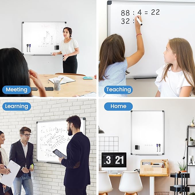 Magnetic White Board for Wall, 24" x 18" Dry Erase Board Kit with 2 Magnetic Dry Erase Markers, 4 Magnets, Eraser, Pen Tray & Mounting Kit – White Board Dry Erase for Home, Office, School