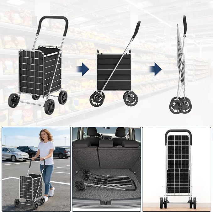 Whitmor Foldable Utility Shopping Cart with Wheels, 60Lb Capacity, Heavy Duty Grocery Cart with Steel Frame, Foam Handle, Rolling Utility Cart for Grocery, Laundry, Travel, Sliver/w Liner