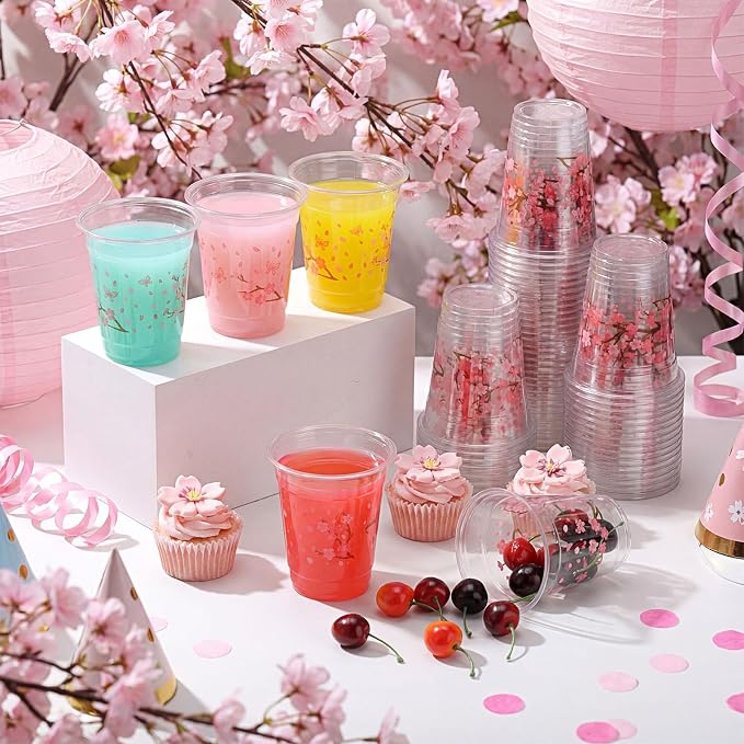 100 Pack Cherry Blossom Plastic Cups 12 oz Pink Cherry Blossom Disposable Clear Plastic Drinking Cups Bulk for Spring Baby Shower Birthday Wedding Holiday Party Decorations Supplies