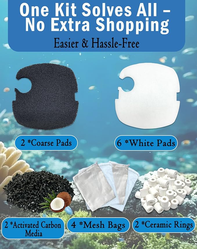 16-Piece Filter Media Replacement for SUNSUN HW-303B/703B,Fit Polar Aurora 370GPH & CF-400 Canister Filters(370 GPH), Includes 6 Filter Pads, 2 Activated Carbons,2 Ceramic Rings & 4 Mesh Bags