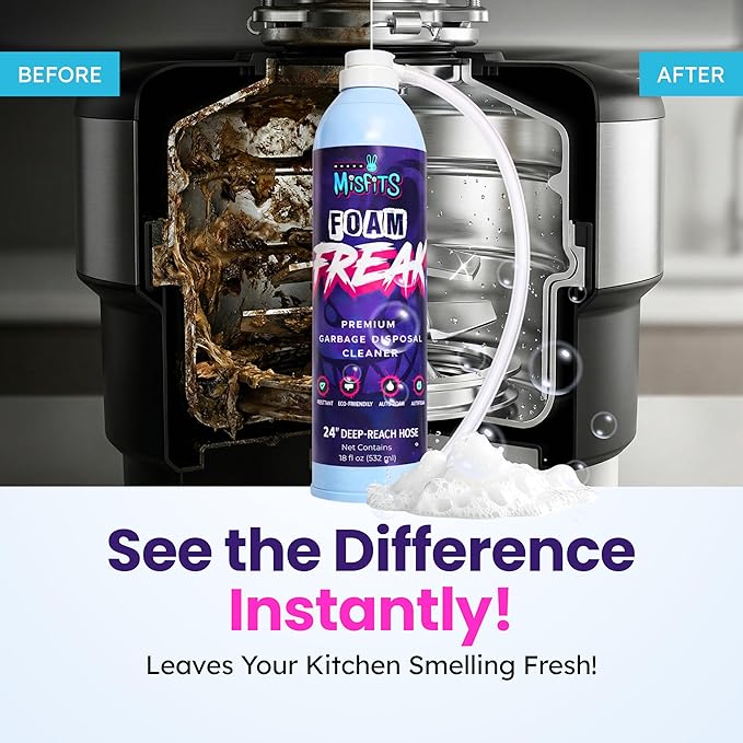 Foaming Garbage Disposal Cleaner with 24-Inch Hose | Deep Reach Drain Cleaner & Deodorizer | Odor Eliminator for Kitchen Drains & Disposals | Heavy-Duty Foaming Action | 1-Year Supply Per Can