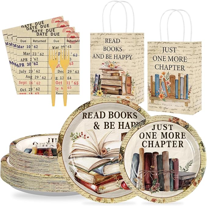 Greencian 112Pcs Vintage Book Party Decorations, Retro Library Reading Themed Disposable Plates Napkins Forks and Gift Bags Set, Book Club Tableware Supplies for Birthday Party Serves 24