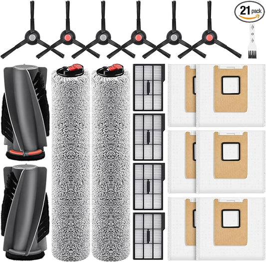 21 Pack Accessories Kit Compatible with eufy E28 Omni / E25 Omni Robot Vacuum, Replacement Parts include 1 Set(2) Main Brushes, 6 Dust Bags, 4 Filters, 2 Roller Mops, 6 Side Brushes, 1 Cleaning Tool