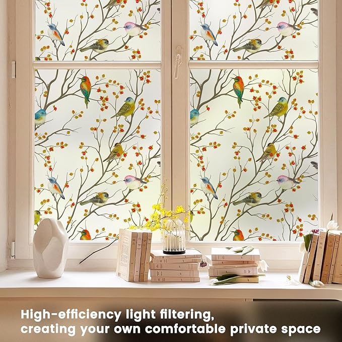 DKTIE Window Privacy Cling Film with Installation Tools, Stained Glass Opaque Non-Adhesive Frosted Bird Coverings Removable for Bathroom Shower Door Frosted (S3533, 29.5in X 78.7in)