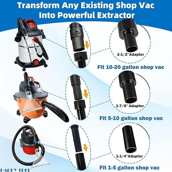 Happy Tree Universal Fits All Shop Vacs Large 7-1/2" Clear Extraction Head with 2-1/2" &1-7/8" & 1-1/4" Adapters for Auto Detailing, Shop Vac Extractor Attachment for 1-26 Gallon Wet Vacuum Cleaners