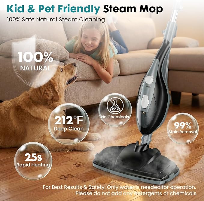 OLIXIS 10-in-1 Steam Mop, 1550W Detachable Handheld Steam Cleaner for Floor Cleaning, 16FT Cord, 2 Washable Pads, Multi-Purpose Floor Steamer for Hardwood, Carpet, Tile, Grout, Windows, Black Grey