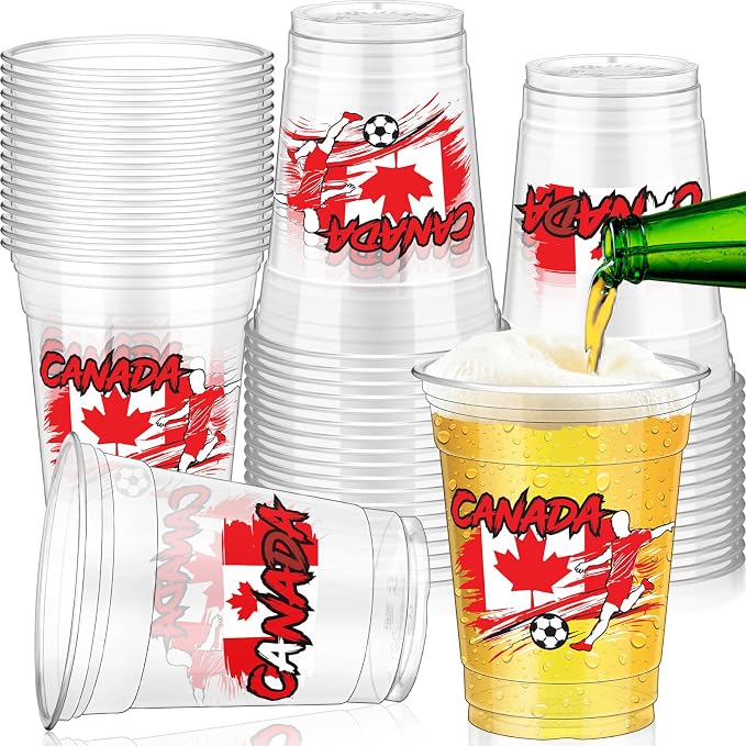 Jingmore 50 Pcs Soccer Plastic Cups 12 oz International Countries Soccer Disposable Plastic Cups Thick Clear Drinkware for Sports Games Party Supplies (Canada)