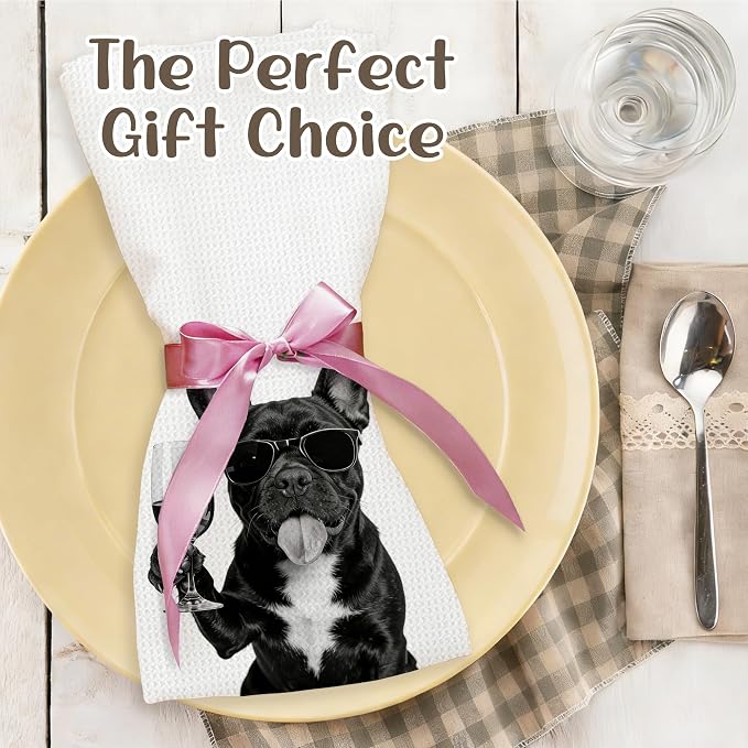 Funny French Bulldog Wine Bar Kitchen Towels, French Bulldog Gifts for Women Decorative Hand Towels for Kitchen Decor, Frenchie Mom Gifts Dish Tea Towel, 16x24 Inch