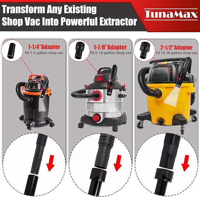 TunaMax Universal Work with All Shop Vacs with 2-1/2" & 1-7/8" &1-1/4" Adapters Extractor Attachment for Upholstery & Carpet Cleaning & Auto Detailing, Extraction Accessory for Wet Vacuum Cleaners